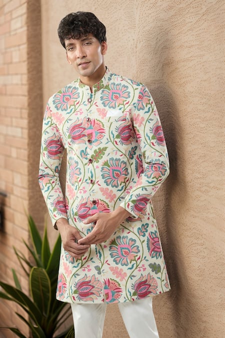 Arihant Rai Sinha_Beige Linen Embroidery Floral Printed Sherwani Set _at_Aza_Fashions