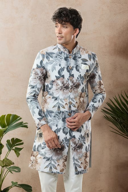 Shop_Arihant Rai Sinha_Multi Color Floral Print Semi Indo Sherwani Set 
