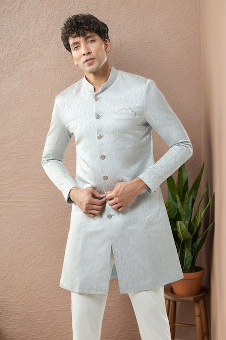 Shop_Arihant Rai Sinha_Gray Grey Woven Jacquard Sherwani Set _Online_at_Aza_Fashions