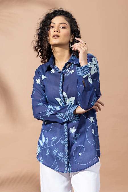 Thee Modern Roots Ink Blue Floral Print Shirt 
