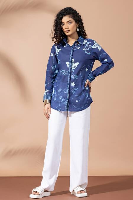 Thee Modern Roots Navy Cotton Embroidery Collared Ink Blue Floral Print Shirt at Aza Fashions Thee Modern Roots_Navy Cotton Embroidery Collared Ink Blue Floral Print Shirt _at_Aza_Fashions