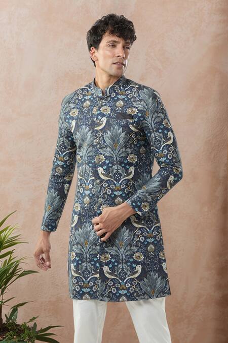 Buy_Arihant Rai Sinha_Blue Linen, Polyester, Viscose Floral Print Sherwani And White Pollo Pant 