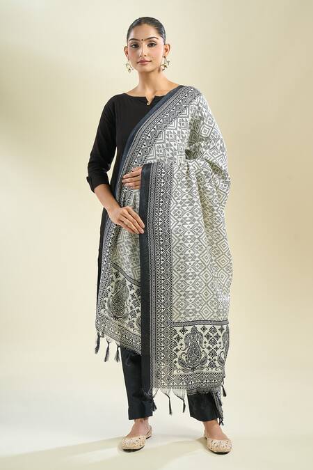 Shop_Samyukta Singhania_Black Cotton And White Printed Dupatta_Online_at_Aza_Fashions