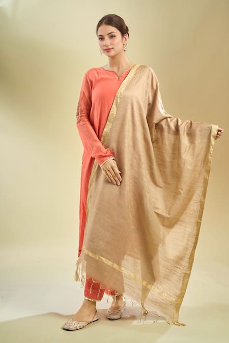 Samyukta Singhania Fawn & Gold-Toned Cotton Tussar Dupatta 