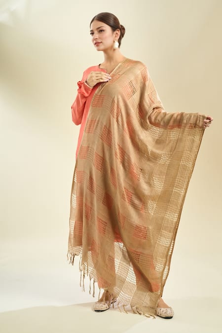 Samyukta Singhania Fawn Checked Cotton Dupatta 