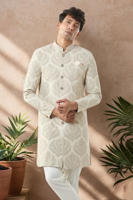 Shop_Arihant Rai Sinha_Beige Woven Jacquard Sherwani And White Pollo Pant 