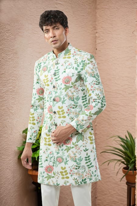 Shop_Arihant Rai Sinha_Cream Floral Print Semi Indo Sherwani Set _Online_at_Aza_Fashions