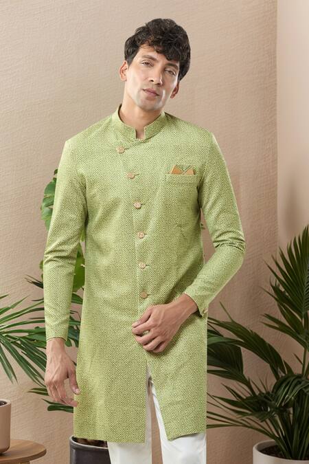 Shop_Arihant Rai Sinha_Green Woven Suede Sherwani Set _Online_at_Aza_Fashions