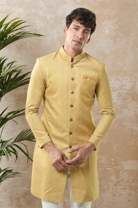 Shop_Arihant Rai Sinha_Yellow Woven Suede Sherwani And White Pollo Pant _Online_at_Aza_Fashions