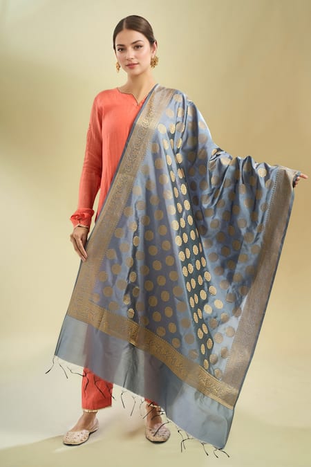 Samyukta Singhania Grey & Gold Banarsi Silk Blend Dupatta 