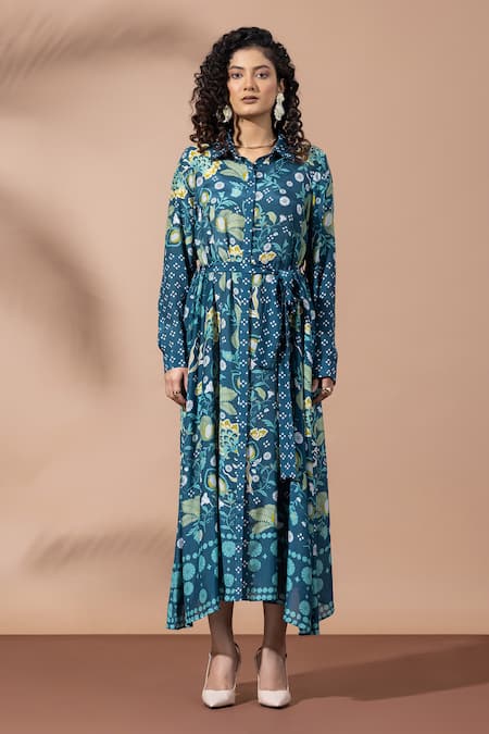 Thee Modern Roots Floral Print Teal Blue Shirt Dress 