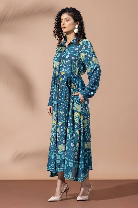 Buy_Thee Modern Roots_Teal Bamboo Collared Floral Print Blue Shirt Dress 