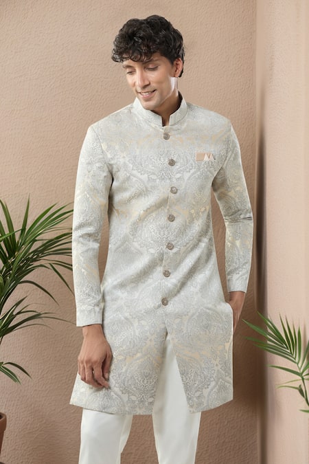 Shop_Arihant Rai Sinha_Gold And Grey Woven Jacquard Sherwani Set 