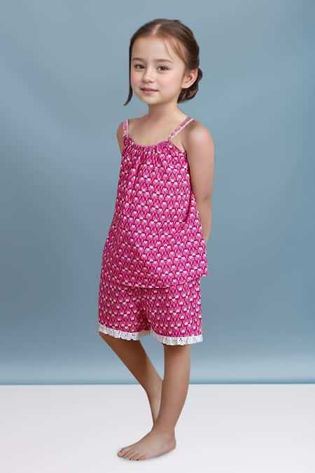 Samyukta Singhania Pink Cotton Lace Kids Top And Shorts Set 
