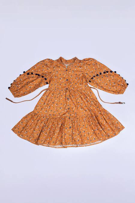 Petite Pomme_Mustard Cotton Pom-poms Floral Print Frock_Online_at_Aza_Fashions
