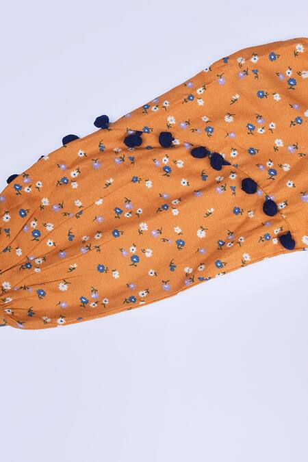 Buy_Petite Pomme_Mustard Cotton Pom-poms Floral Print Frock_Online_at_Aza_Fashions