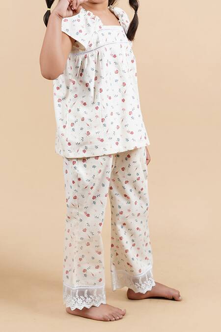 Shop_Petite Pomme_Off White Cotton Lace Floral Print Kids Pant Set_Online_at_Aza_Fashions