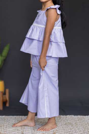 Petite Pomme Lilac Cotton Ruffles Top And Pant Set Online at Aza Fashions Petite Pomme_Lilac Cotton Ruffles Top And Pant Set_Online_at_Aza_Fashions
