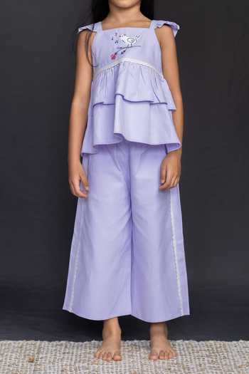 Shop Petite Pomme Lilac Cotton Ruffles Top And Pant Set Online at Aza Fashions Shop_Petite Pomme_Lilac Cotton Ruffles Top And Pant Set_Online_at_Aza_Fashions