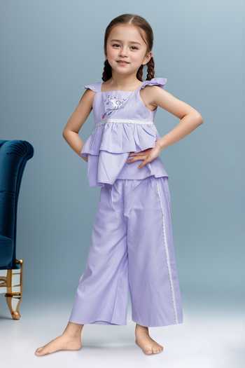Buy Petite Pomme Lilac Cotton Ruffles Top And Pant Set at Aza Fashions Buy_Petite Pomme_Lilac Cotton Ruffles Top And Pant Set_at_Aza_Fashions
