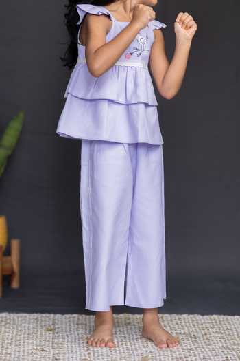 Petite Pomme Lilac Cotton Ruffles Top And Pant Set at Aza Fashions Petite Pomme_Lilac Cotton Ruffles Top And Pant Set_at_Aza_Fashions