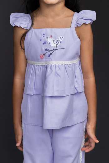 Buy Petite Pomme Lilac Cotton Ruffles Top And Pant Set Buy_Petite Pomme_Lilac Cotton Ruffles Top And Pant Set