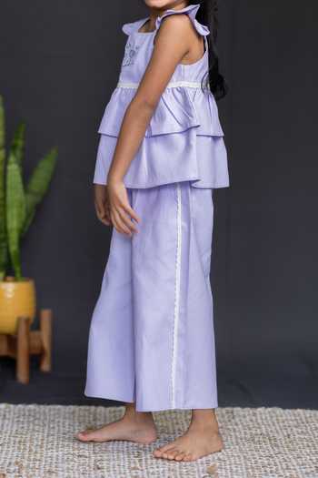 Shop Petite Pomme Lilac Cotton Ruffles Top And Pant Set Shop_Petite Pomme_Lilac Cotton Ruffles Top And Pant Set