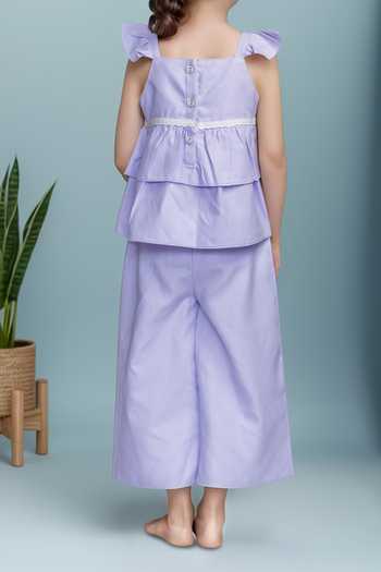 Shop Petite Pomme Lilac Cotton Ruffles Top And Pant Set at Aza Fashions Shop_Petite Pomme_Lilac Cotton Ruffles Top And Pant Set_at_Aza_Fashions
