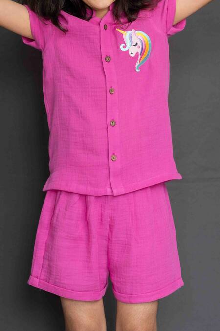 Petite Pomme_Pink Cotton Embroidery Designer Top And Shorts Set_Online_at_Aza_Fashions