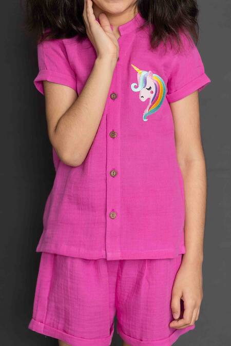 Shop_Petite Pomme_Pink Cotton Embroidery Designer Top And Shorts Set_Online_at_Aza_Fashions