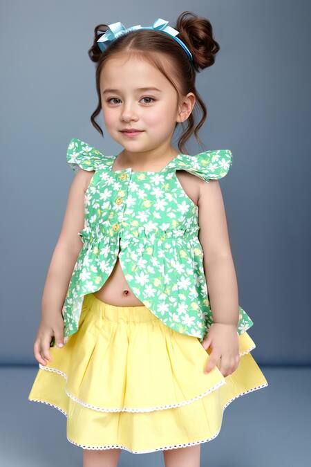 Buy Green Cotton Floral Top And Yellow Tiered Skirt Set For Girls