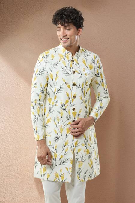 Buy_Arihant Rai Sinha_Cream Floral Print Semi Indo Sherwani Set 