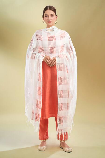 Samyukta Singhania Checked White Cotton Dupatta 