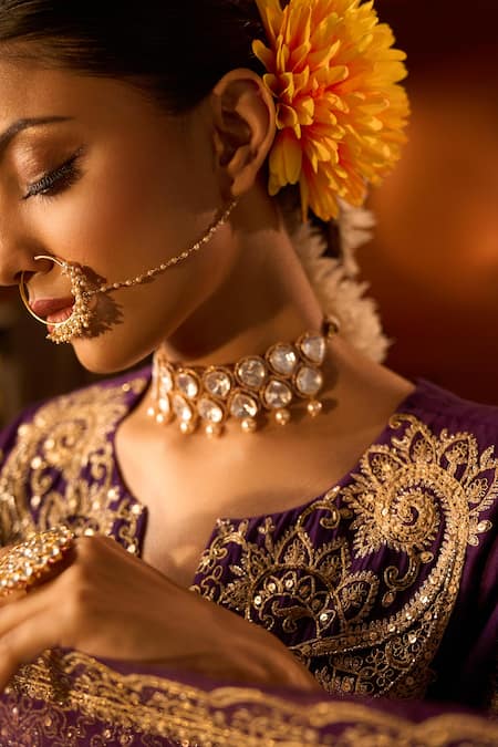 Neha Khullar X AZA_Purple Chanderi, Silk, Organza Embroidery, Sequins Split V-neck Kurta Set _Online_at_Aza_Fashions