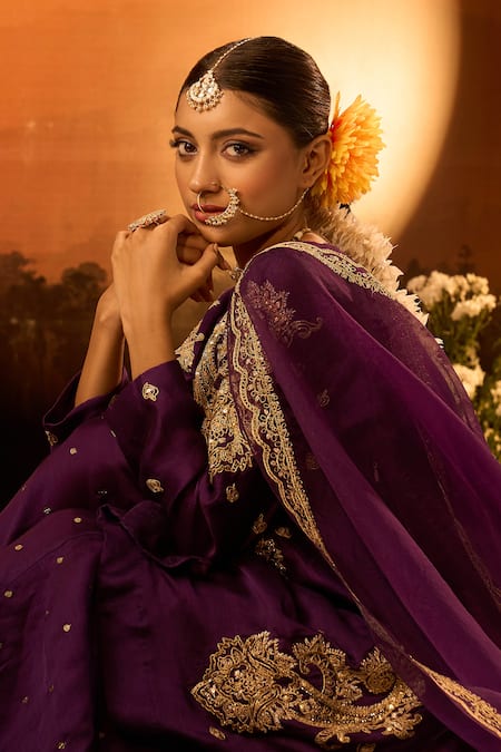 Buy_Neha Khullar X AZA_Purple Chanderi, Silk, Organza Embroidery, Sequins Split V-neck Kurta Set _Online_at_Aza_Fashions