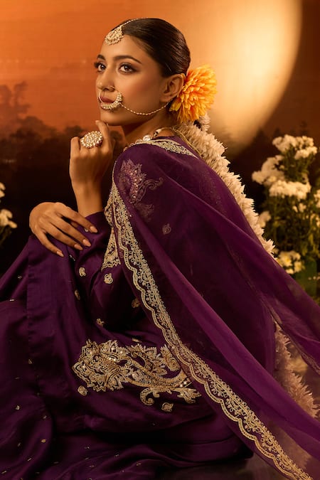 Shop_Neha Khullar X AZA_Purple Chanderi, Silk, Organza Embroidery, Sequins Split V-neck Kurta Set _Online_at_Aza_Fashions