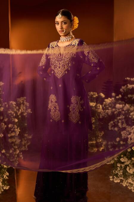 Neha Khullar X AZA_Purple Chanderi, Silk, Organza Embroidery, Sequins Split V-neck Kurta Set _at_Aza_Fashions