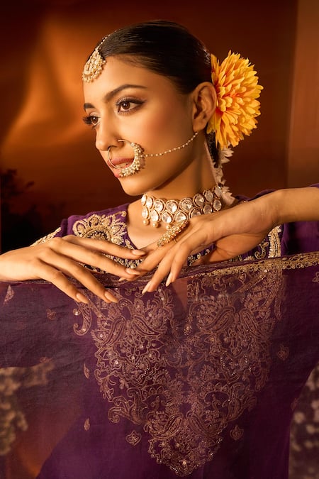 Buy_Neha Khullar X AZA_Purple Chanderi, Silk, Organza Embroidery, Sequins Split V-neck Kurta Set 