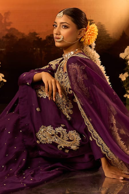 Shop_Neha Khullar X AZA_Purple Chanderi, Silk, Organza Embroidery, Sequins Split V-neck Kurta Set 