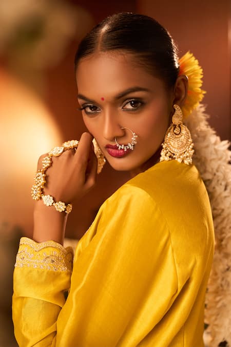 Buy_Neha Khullar X AZA_Yellow Silk, Chanderi, Modal, Organza Embroidery Split V-neck Kurta Set _Online_at_Aza_Fashions