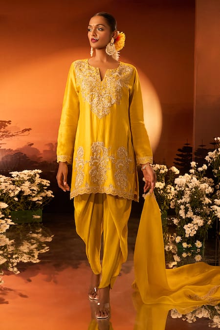 Shop_Neha Khullar X AZA_Yellow Silk, Chanderi, Modal, Organza Embroidery Split V-neck Kurta Set _Online_at_Aza_Fashions
