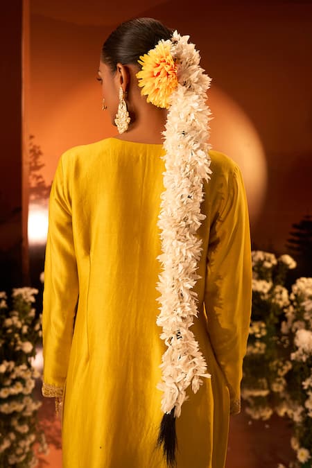 Neha Khullar X AZA_Yellow Silk, Chanderi, Modal, Organza Embroidery Split V-neck Kurta Set _Online_at_Aza_Fashions