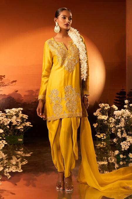 Neha Khullar X AZA_Yellow Silk, Chanderi, Modal, Organza Embroidery Split V-neck Kurta Set _at_Aza_Fashions