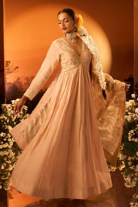 Shop_Neha Khullar X AZA_Pink Silk, Chanderi, Organza Embroidery V-neck Anarkali Set _Online_at_Aza_Fashions