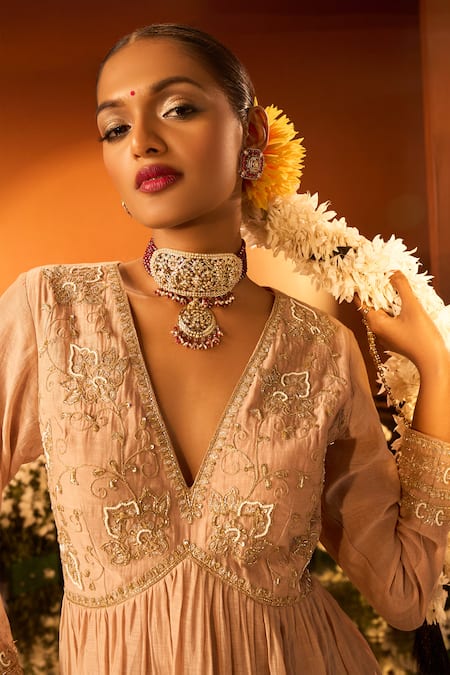 Buy_Neha Khullar X AZA_Pink Silk, Chanderi, Organza Embroidery V-neck Anarkali Set 