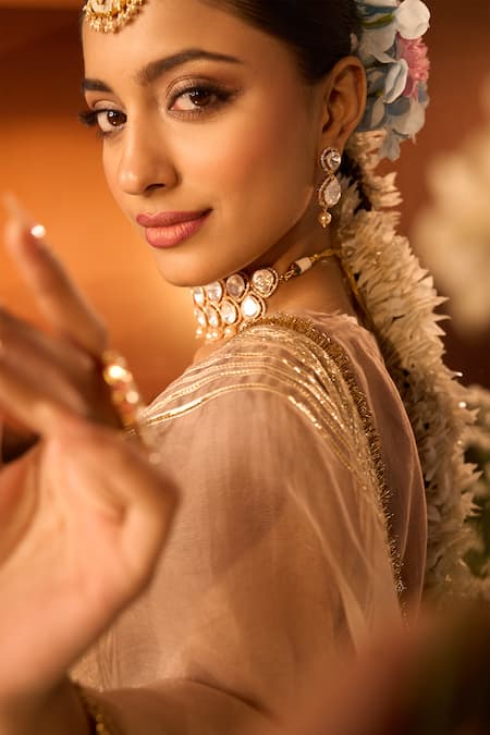 Buy_Neha Khullar X AZA_Pink Chanderi, Silk, Organza Embroidery V-neck Kurta Set _Online_at_Aza_Fashions