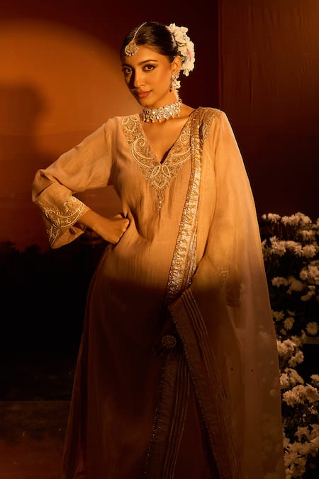 Shop_Neha Khullar X AZA_Pink Chanderi, Silk, Organza Embroidery V-neck Kurta Set _Online_at_Aza_Fashions