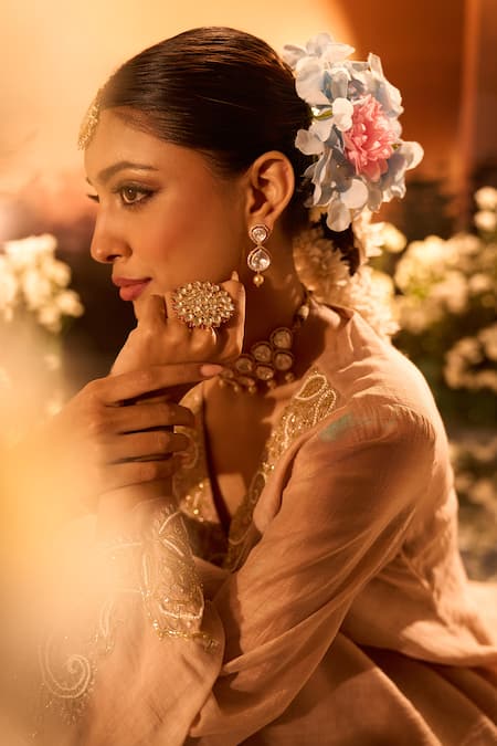 Neha Khullar X AZA_Pink Chanderi, Silk, Organza Embroidery V-neck Kurta Set _at_Aza_Fashions