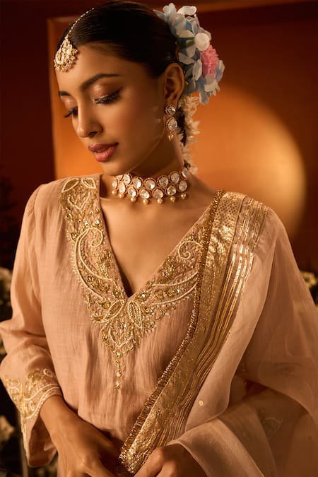 Shop_Neha Khullar X AZA_Pink Chanderi, Silk, Organza Embroidery V-neck Kurta Set 