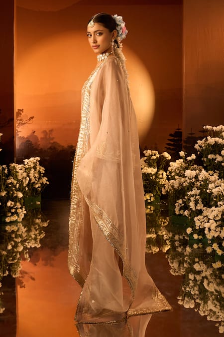 Neha Khullar X AZA_Pink Chanderi, Silk, Organza Embroidery V-neck Kurta Set _Online_at_Aza_Fashions